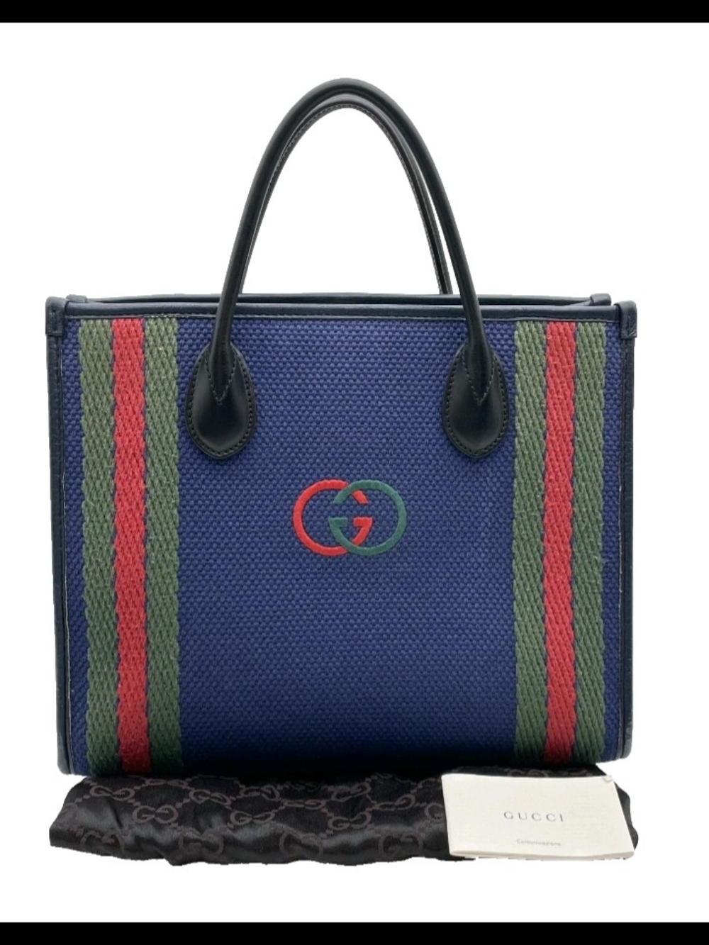 SALE! Authentic Gucci Interlocking G Sherry Line Cotton Leather Navy Tote W/DB